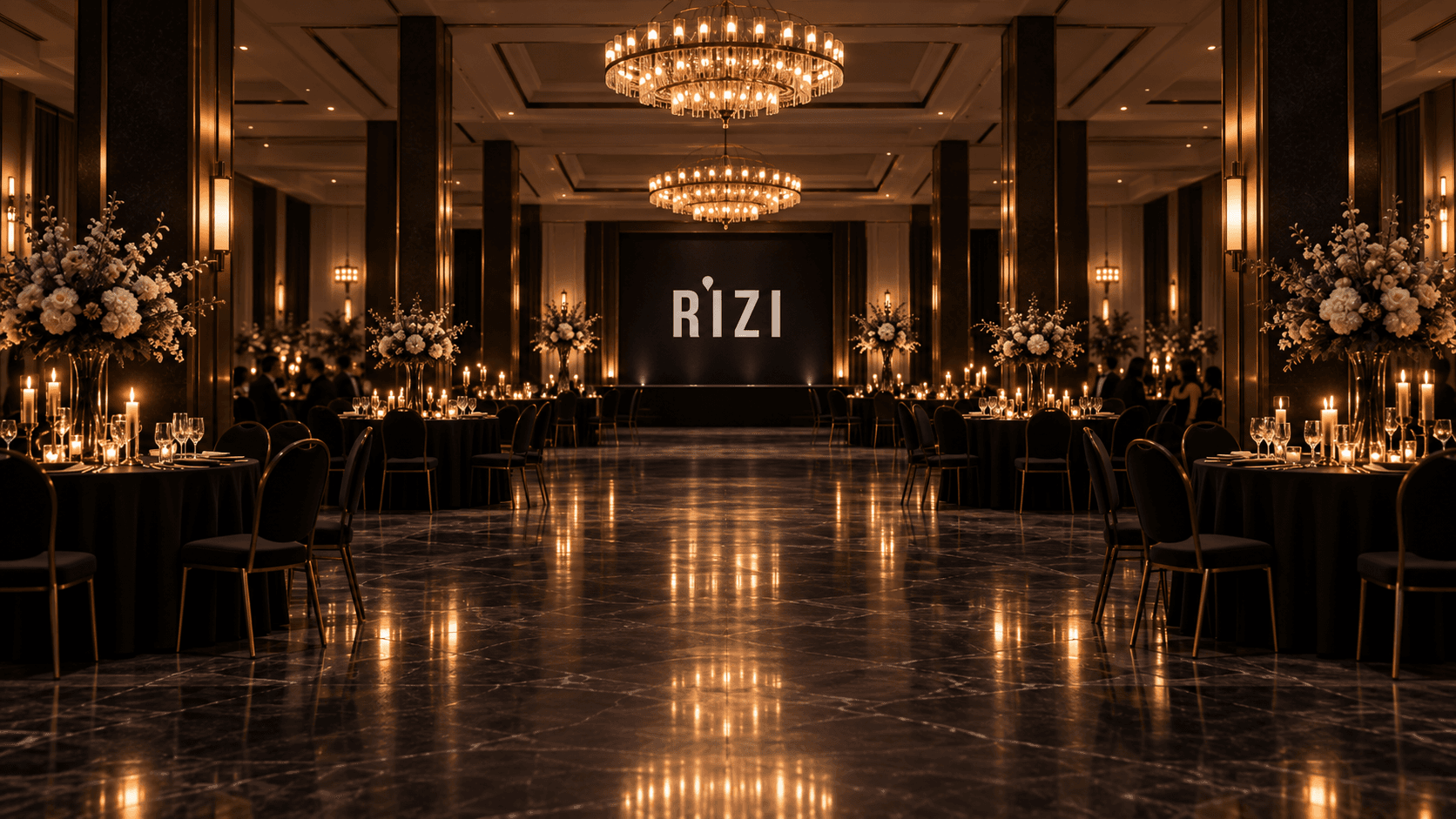 An intimate reception hall with chandeliers and the Rizi name inside.
